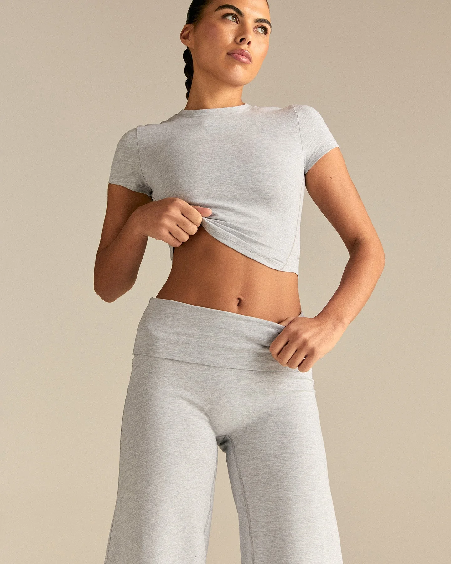 Cotton Contour Fold Over Straight Leg Pants | Grey Marl - Image 4