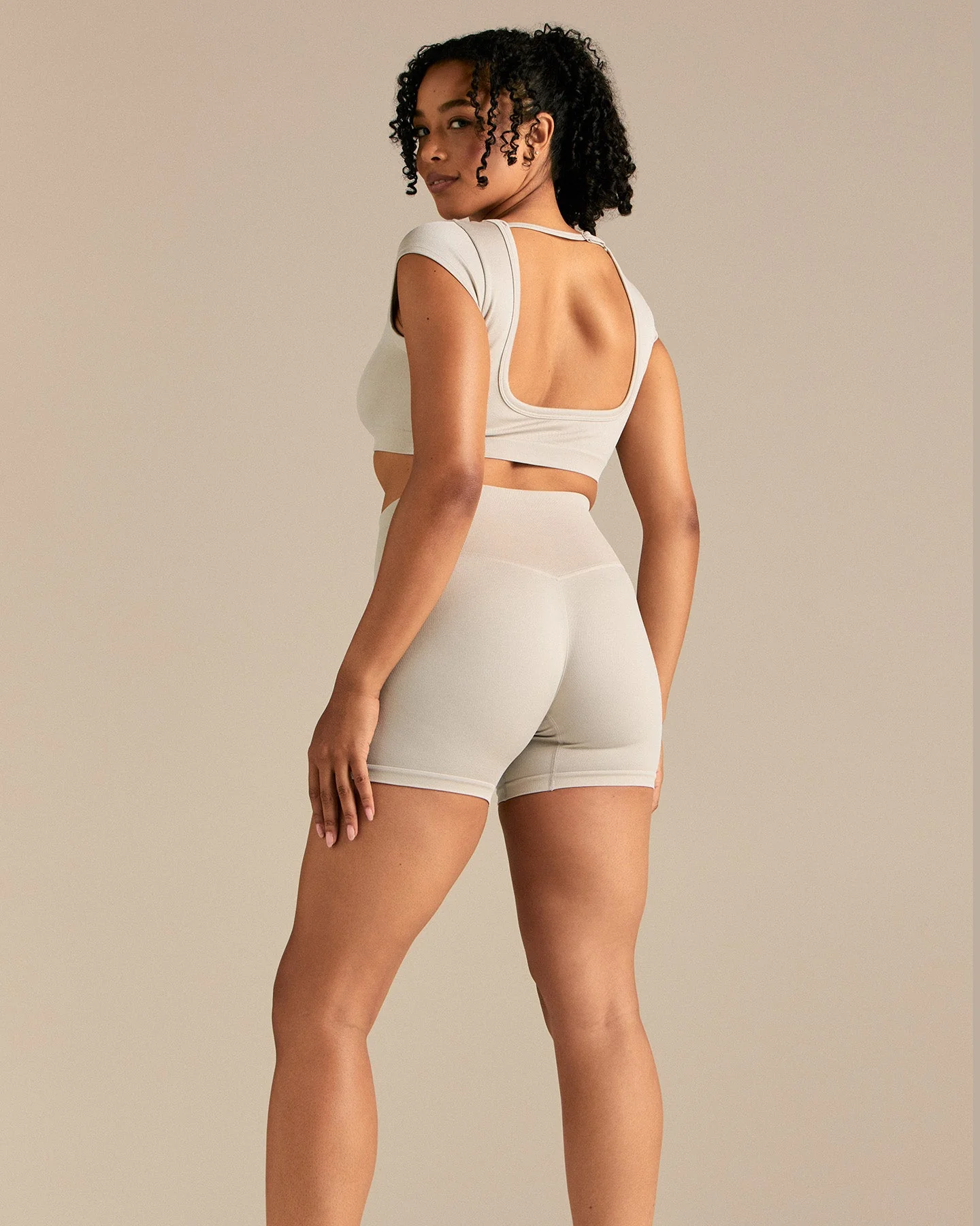 Motion Seamless Open Back Short Sleeve Crop Top | Stone - Image 7
